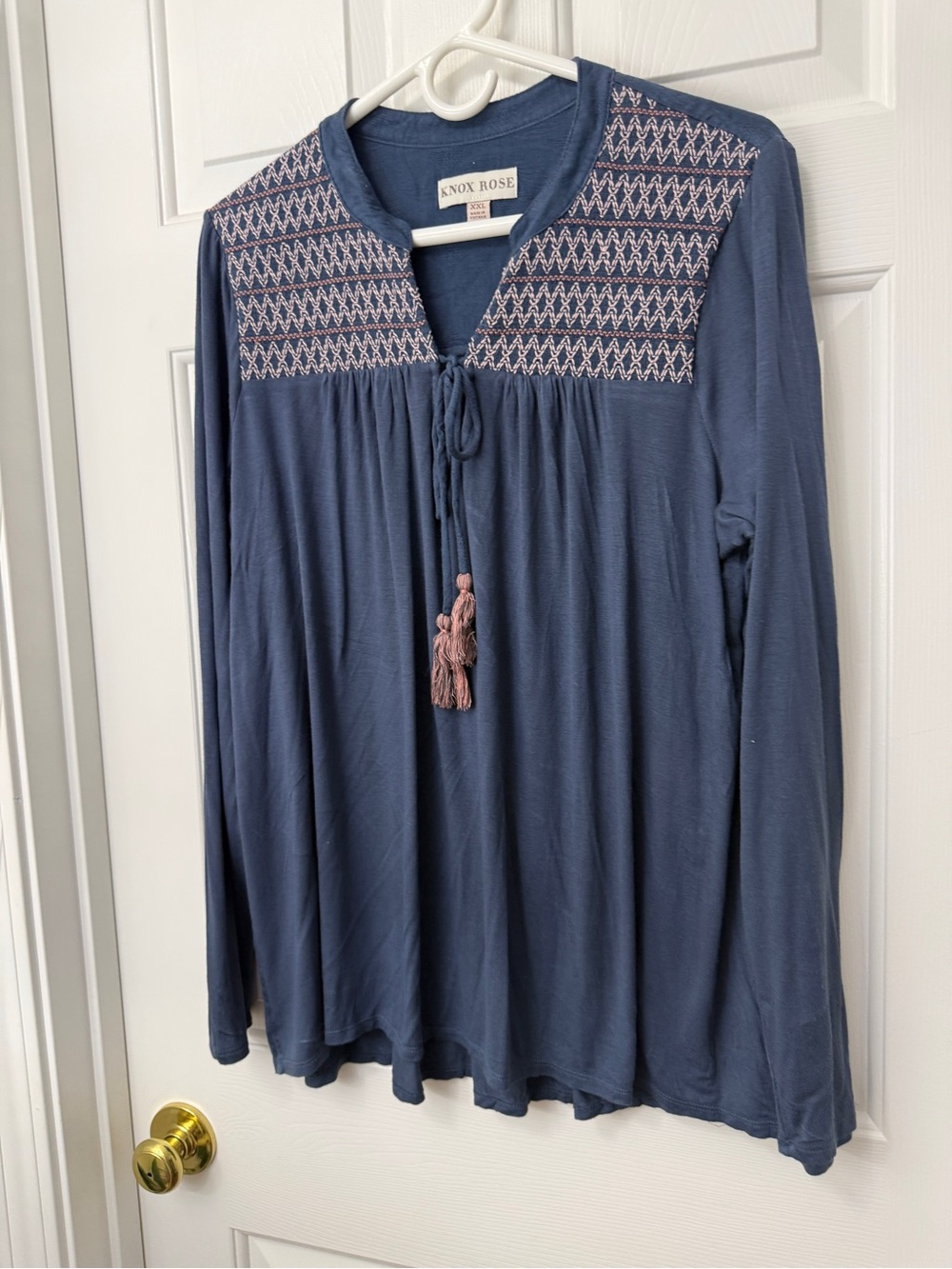 Knox Rose Navy Blue Embroidered Long-Sleeve Tunic with Pink Tassels